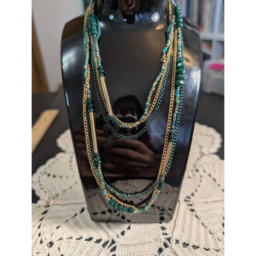 Multi Strand Layered LONG Necklace Teal Emerald Green Seed Bead Gold Bar Boho